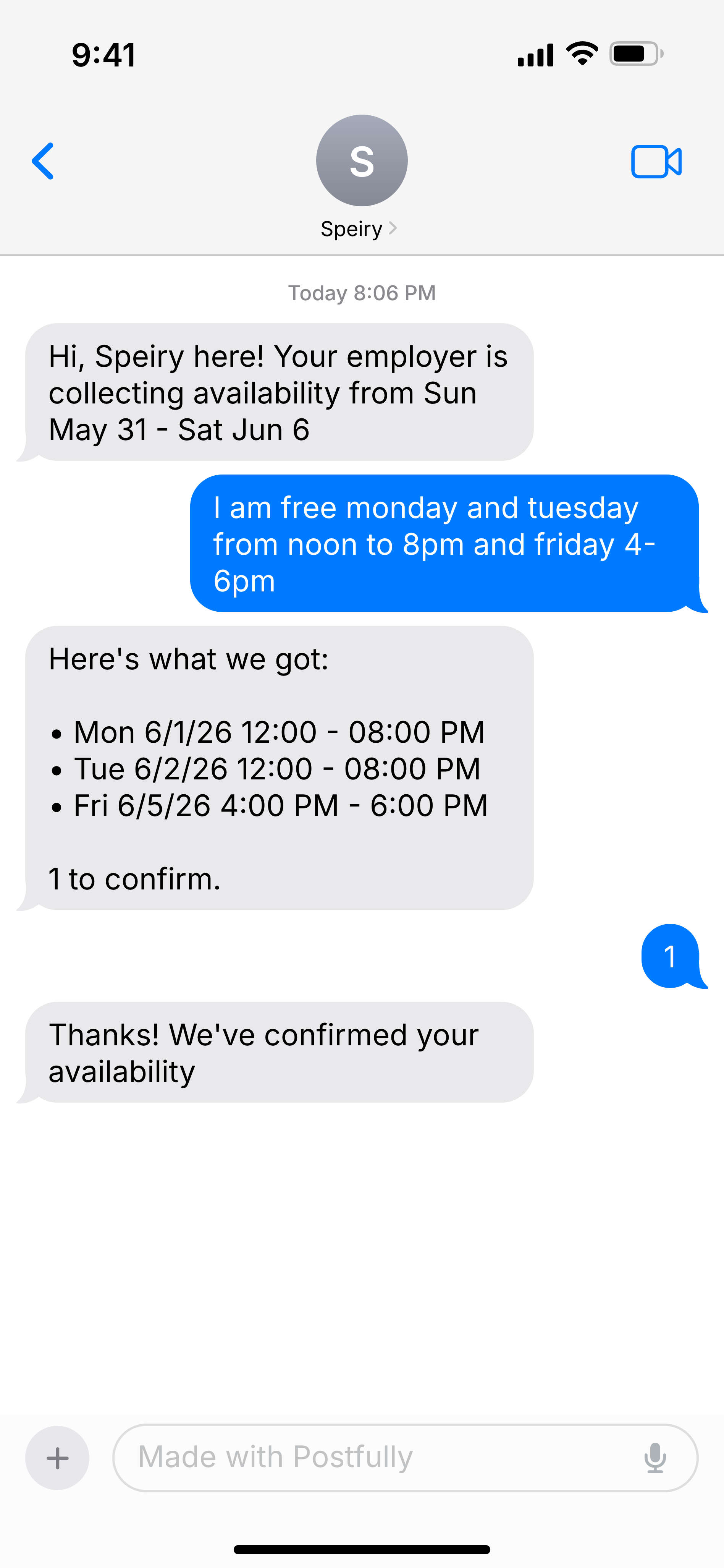Phone screenshot showing SMS conversation