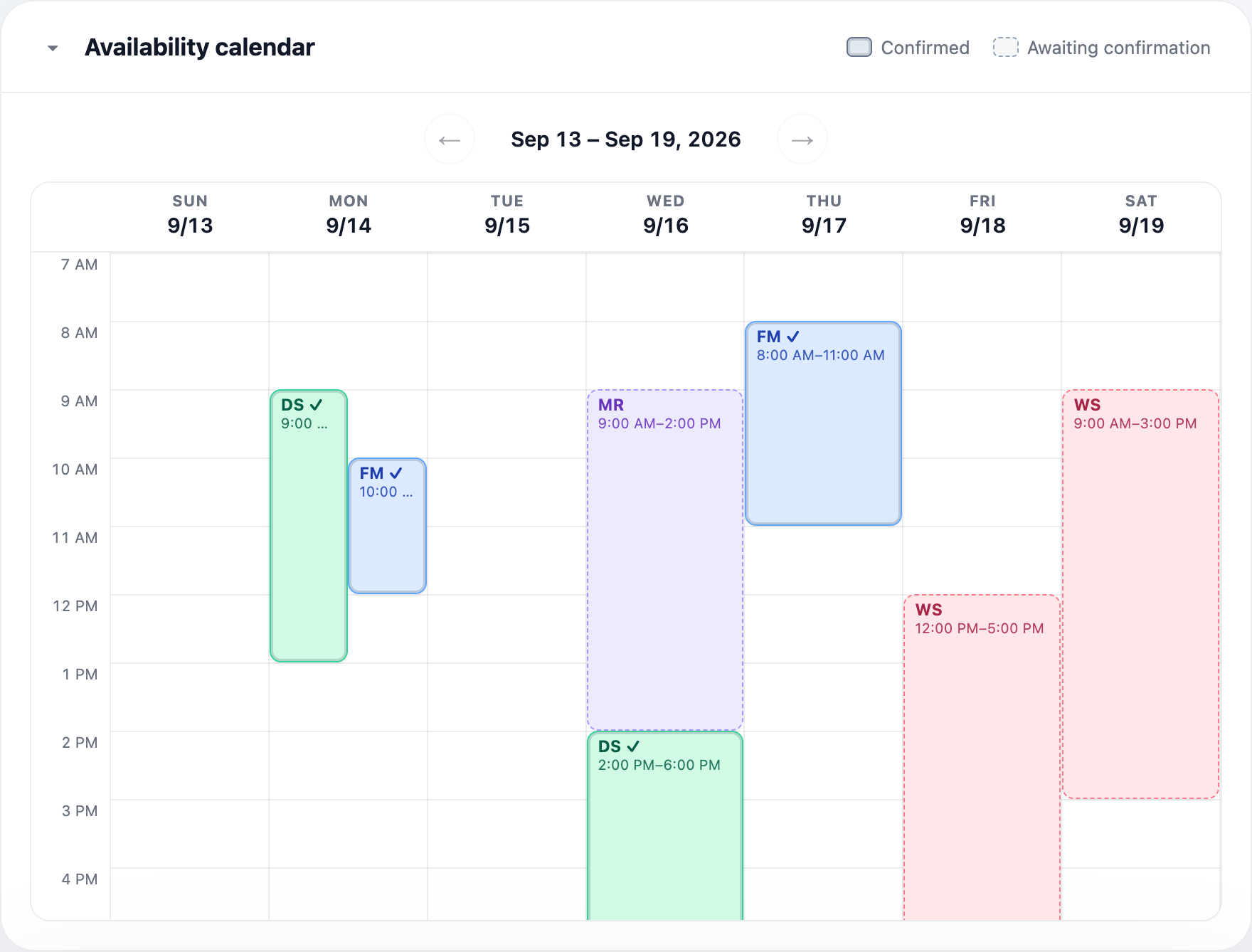 Weekly availability calendar with colour-coded employee time blocks