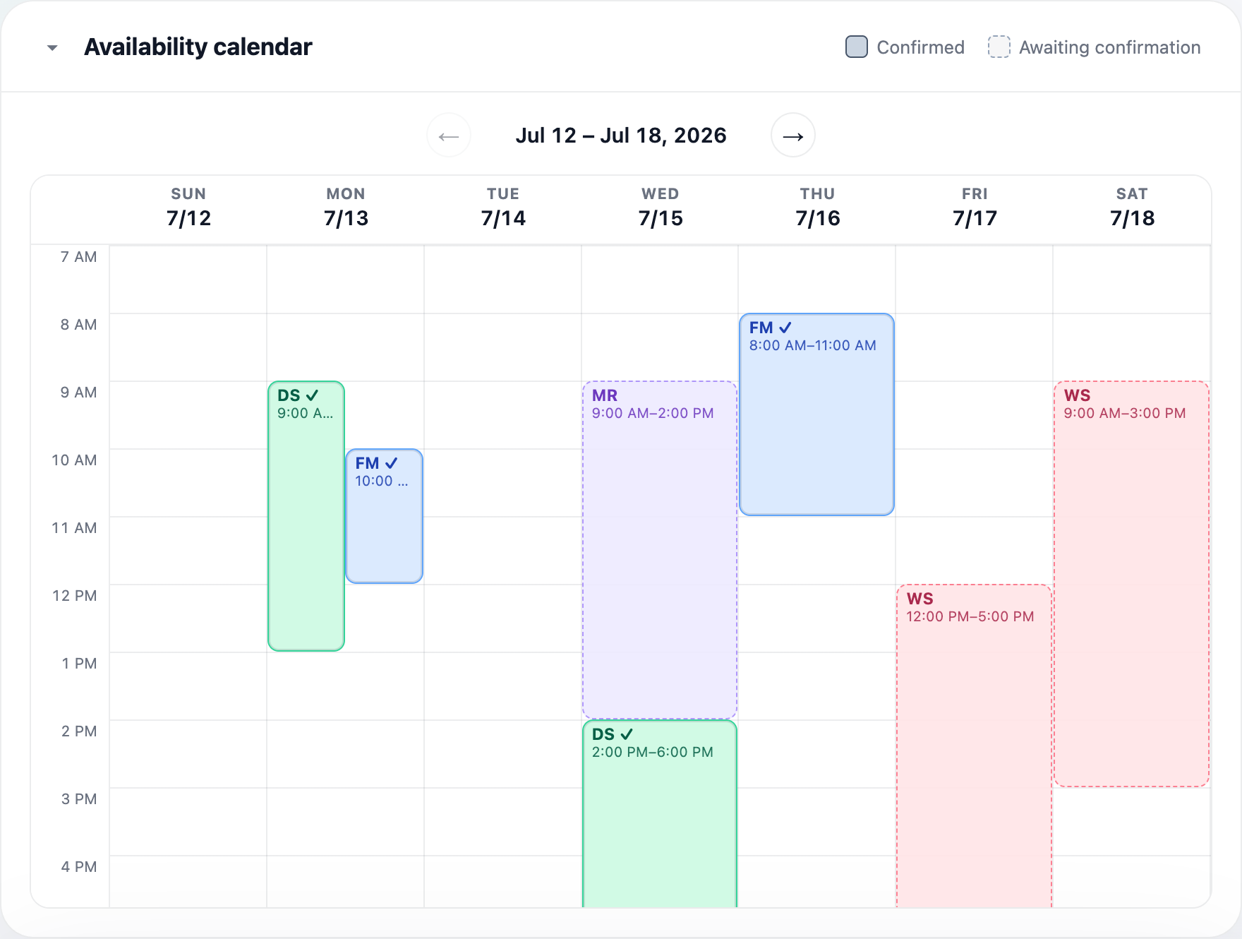 Weekly availability calendar with colour-coded employee time blocks