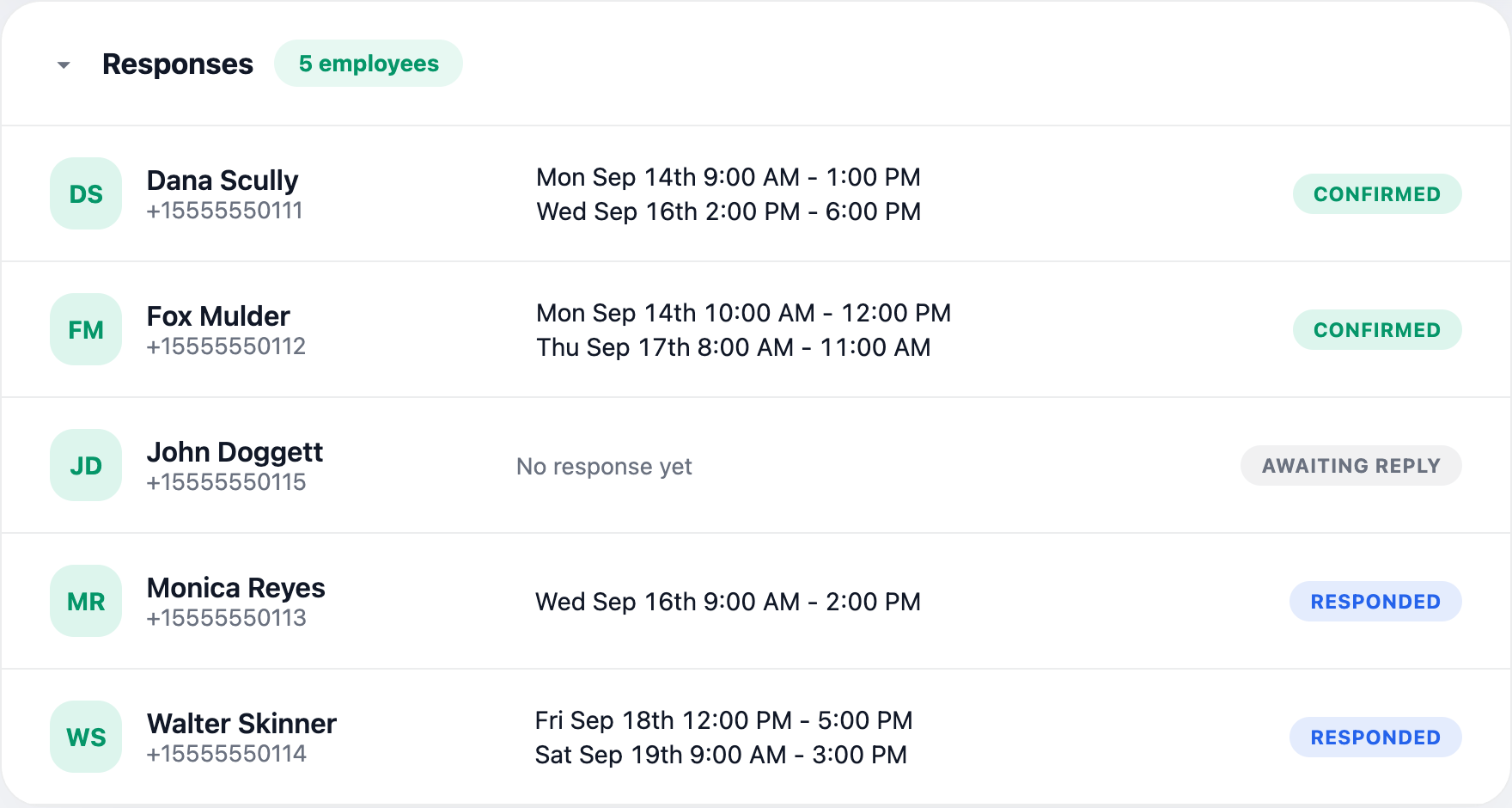 Roster of employees with their AI-parsed availability and response status