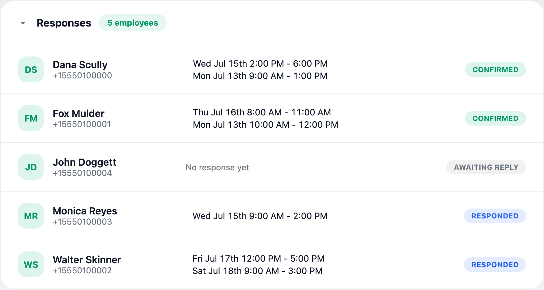 Roster of employees with their AI-parsed availability and response status
